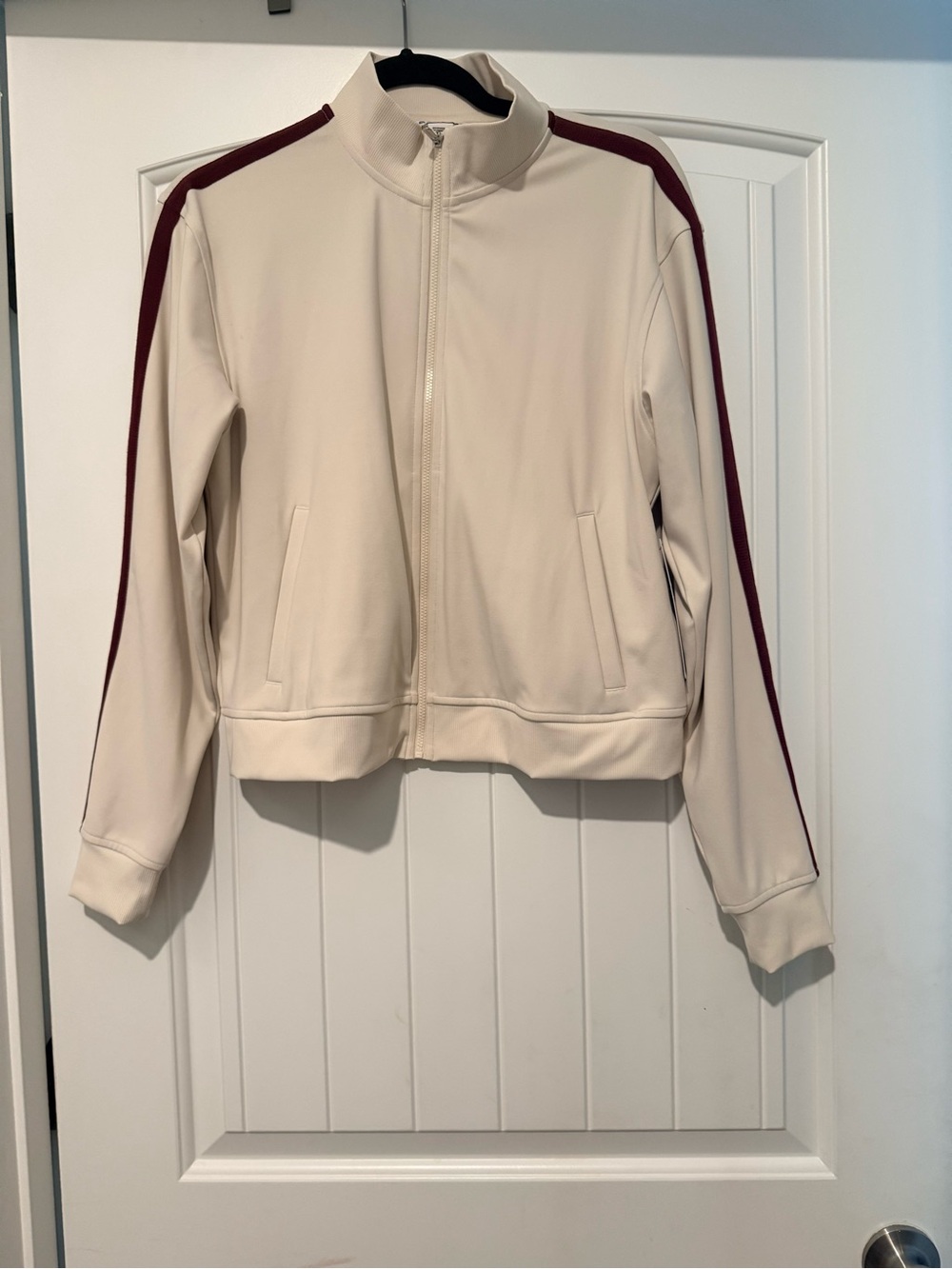 Athleta Cream Track Jacket with Burgundy Stripe